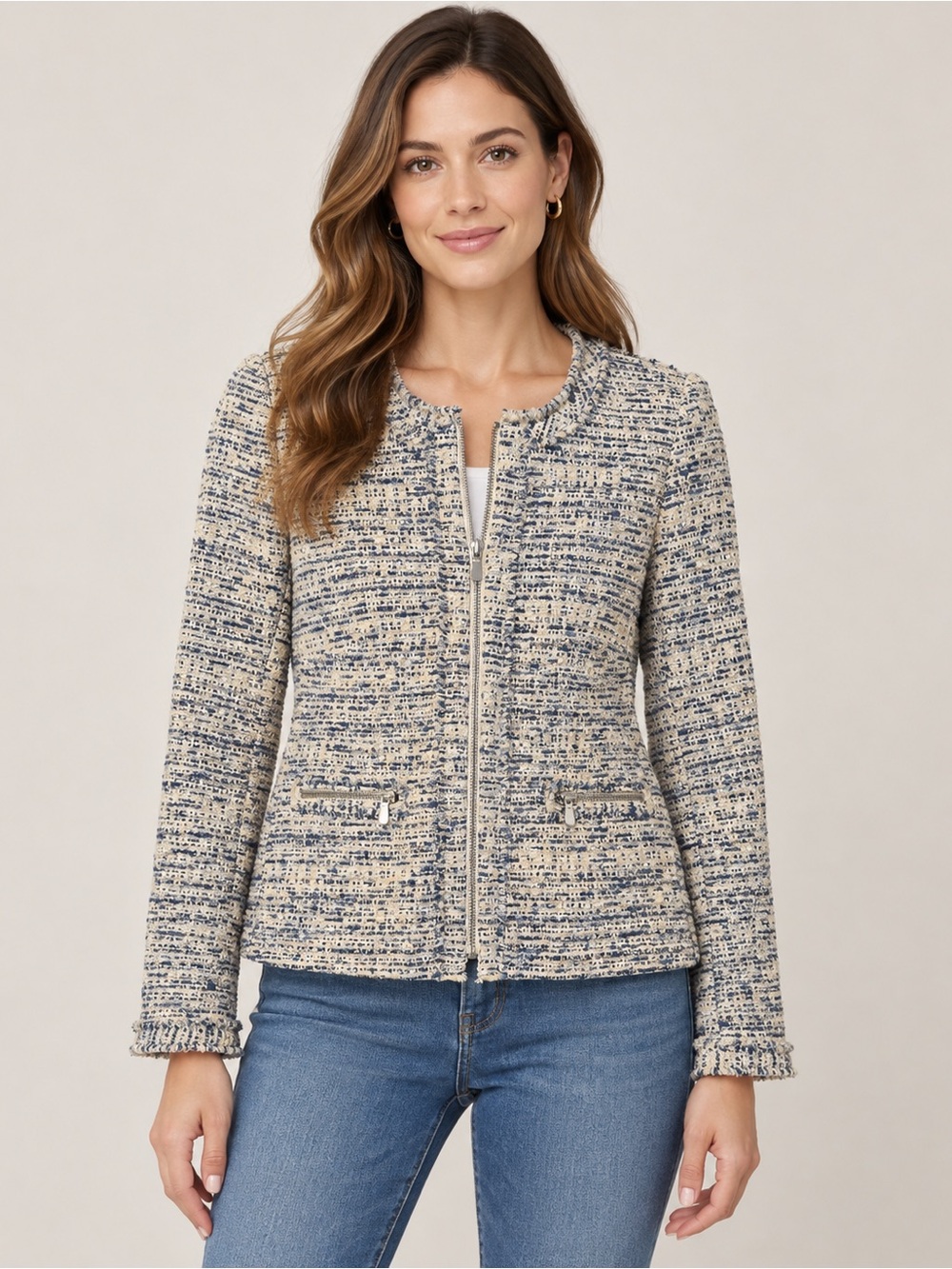 Gerard Darel Paris Bouclé Tweed Zip Jacket Blue Cream Fringe Size 40 / M
